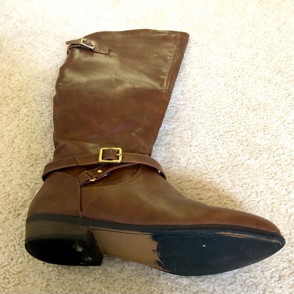 Material Girl High Boots Cognac Size 7.5 M Buckle Zipper Box MCAPRI Lined - Picture 13 of 13